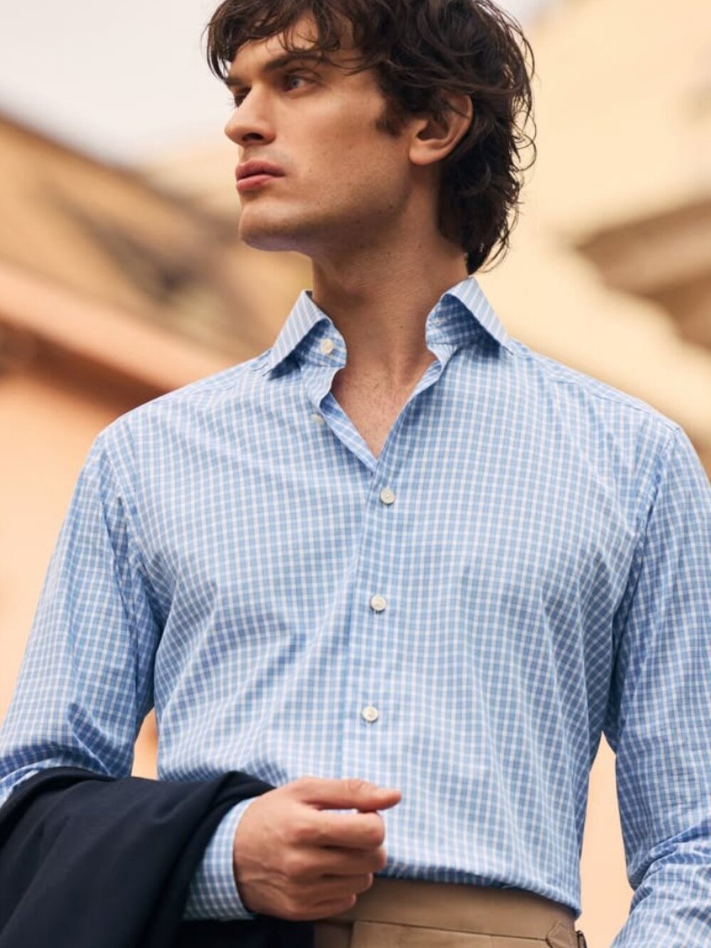 Eton Contemporary (Romania) Men's Cotton Light Blue & White Checked Dress Shirt